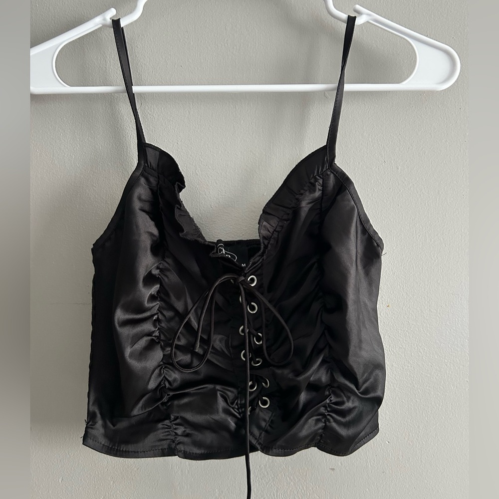 Black Satin Lace-Up Cami Top